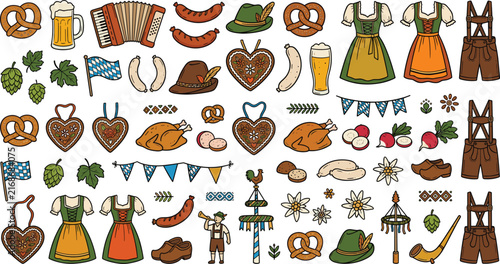 Oktoberfest festival cartoon doodle collection with traditional Bavarian clothing beer mugs pretzels dirndl dresses and lederhosen vector elements