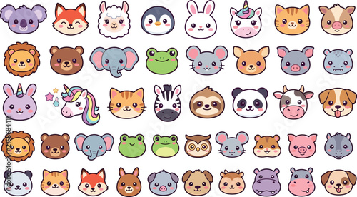 Kawaii animal face avatar sticker bundle featuring cute cartoon panda koala unicorn lion frog and puppy characters vector collection