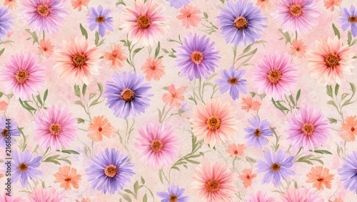 Delicate, hand-painted floral pattern with aster-like blooms on a textured background