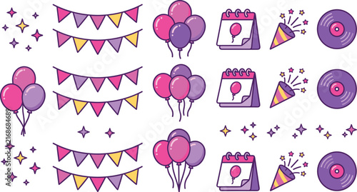 Purple and pink party celebration icon set with cartoon balloons bunting flags calendar confetti poppers and vinyl records vector