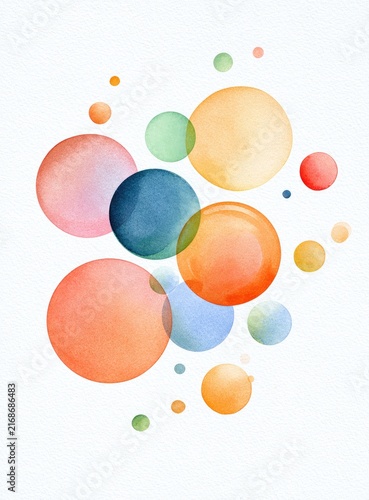 Watercolor circles in warm and cool hues float against a textured white background
