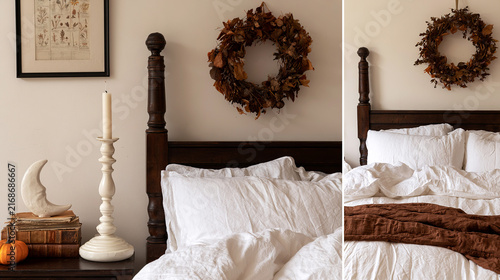 Cozy cottage bedroom with subtle witchy atmosphere, a two-photo collage showing a cozy bed, autumn decor, wreaths and candlesticks for cozy living and witchy aesthetic lifestyle content.