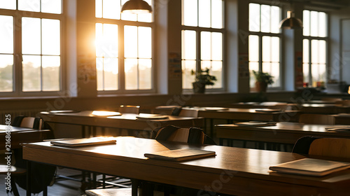 Empty modern classroom prepared for the first school day, with rows of desks, chairs, notebooks and bright windows, education, learning, school preparation and academic environments.