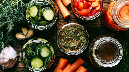 Top view autumn composition of homemade preserves in glass jars with fresh vegetables, sauces, cucumbers, peppers and spices. Canning and seasonal harvest preparation.