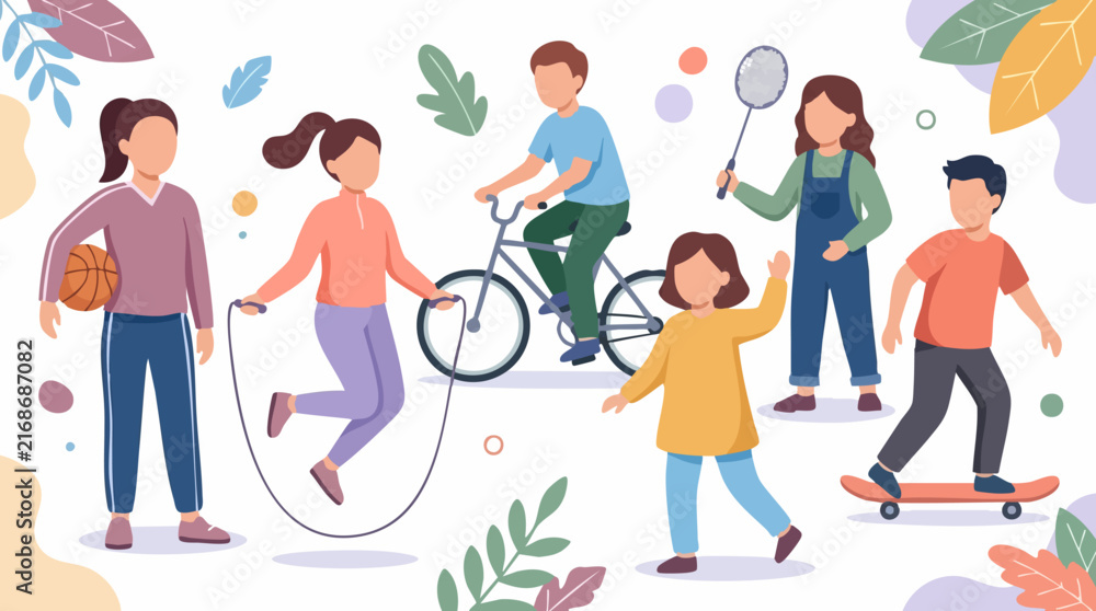 Fototapeta premium Group of diverse children playing various outdoor sports and healthy activities