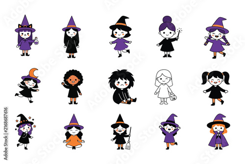 Witch characters vector set featuring cute little figures with magic wands, broomsticks, and cats for Halloween designs.