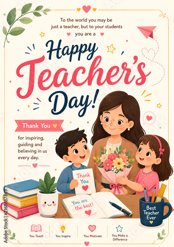 Happy teacher day greeting card illustration featuring students giving colorful flowers and handwritten thank you notes to their kind educator