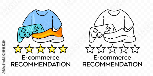 Modern stylized vector illustration representing online shopping e-commerce recommendation algorithm, featuring digital store concept with retail goods, fashion apparel, footwear, and consumer electro