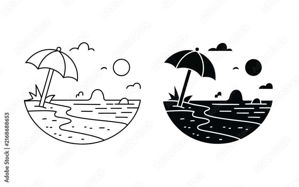 Fototapeta premium Seaside view with beach umbrella and sun vector icon design element
