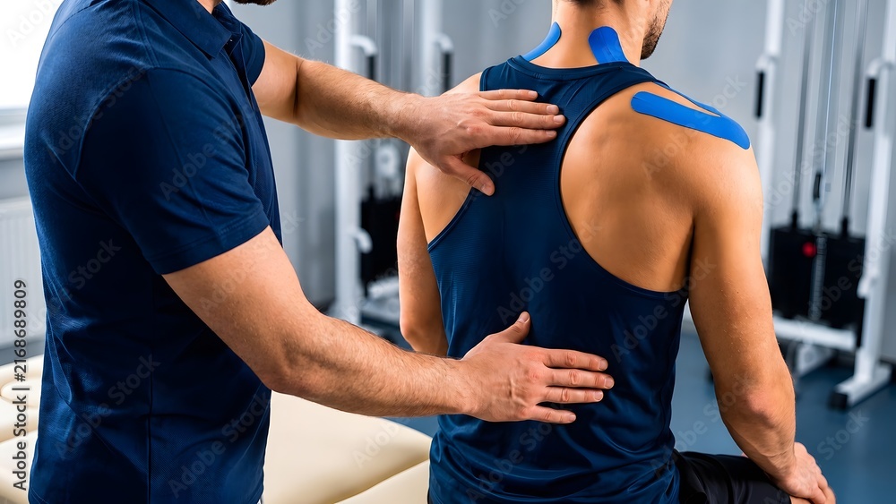 Fototapeta premium Sports physiotherapist checking blue kinesiology tape on male athlete shoulder and back for muscle recovery