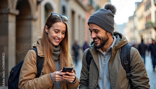 Young Adults Using Smartphone and Enjoying City Walk in Urban Environment