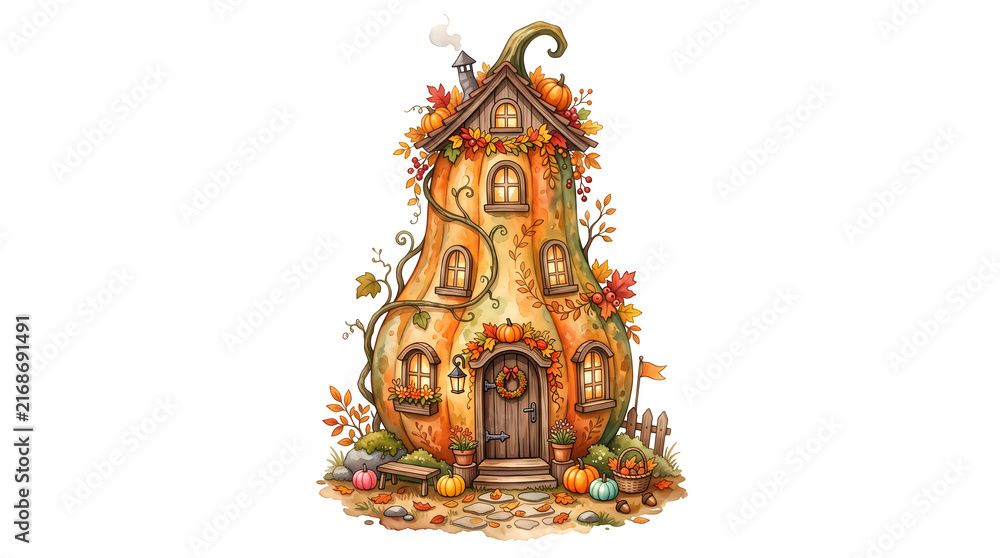 Fototapeta premium Delightful pumpkin dwelling surrounded by autumn leaves and glowing windows perfect for fall.