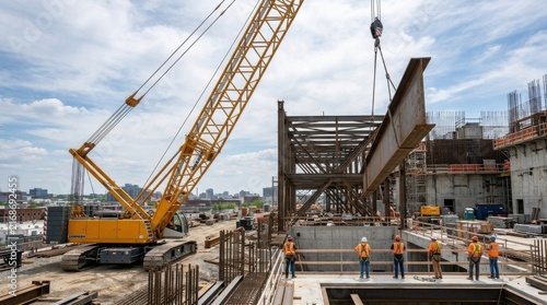 Construction crane lifting steel beam at urban building site with workers