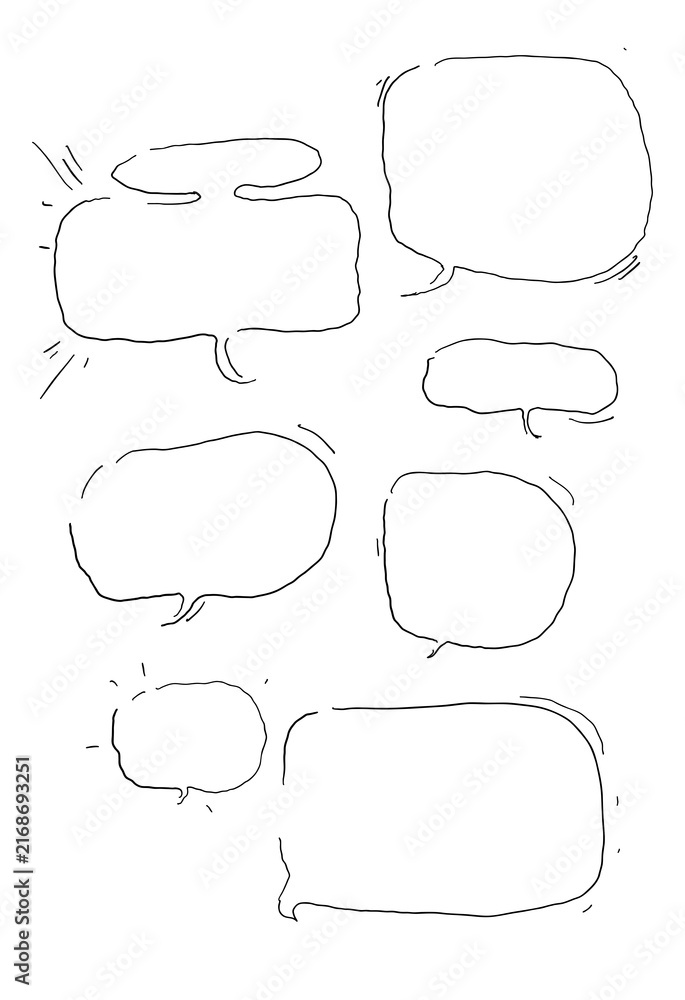 Fototapeta premium Nazwy oryginalne: Hand drawn doodle speech bubble boxes, rectangular comic dialogue frames, black outline sketch set