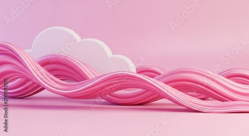 Glossy pink wavy stripes and a white cloud shape on a soft pink background for modern commercial display