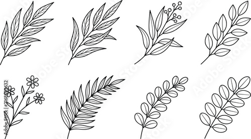 Elegant Black and White Line Art Botanical Vector Element Set with Hand Drawn Leaves, Ferns, Branches, and Wildflowers for Minimalist Logo and Wedding Invitation Designs