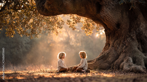 Two children sit beneath a massive ancient oak illuminated by warm golden sunlight and glowing fireflies in an autumn landscape. Heartwarming family scene, education, childhood, book covers