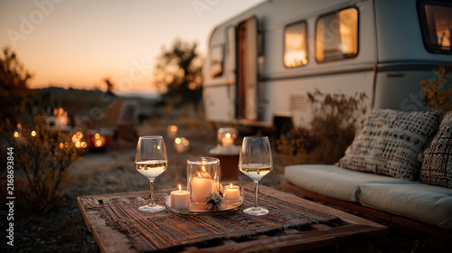 Sunset view from a cozy terrace beside a campervan in boho style. Relaxing travel lifestyle scene showcasing road trips, freedom, camping adventures, remote escapes and outdoor hospitality.