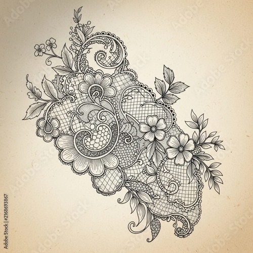 Intricate Black and White Ink Drawing of Ornate Floral Lace Pattern with Delicate Botanicals