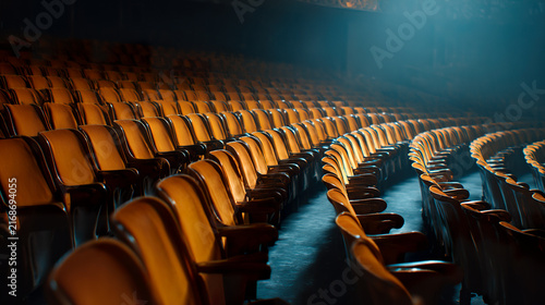 Empty theater auditorium with rows of seats facing an illuminated stage. Atmospheric cultural venue prepared for concerts, performances, ceremonies, conferences,public entertainment events.