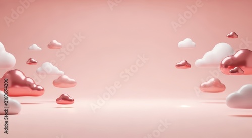 Minimalist 3D background with glossy rose gold and white clouds floating on a soft pink pastel studio backdrop for design