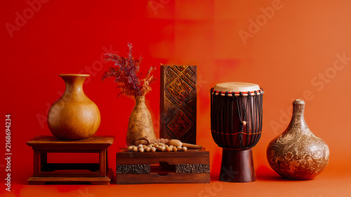 Traditional African household artifacts including ceramic vases, tribal drum, and decorative objects displayed on a red surface. Cultural exhibitions, education, museums