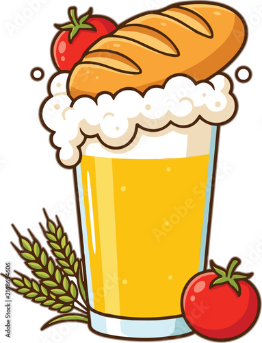 Fresh beer with bread and tomato vector graphic illustration