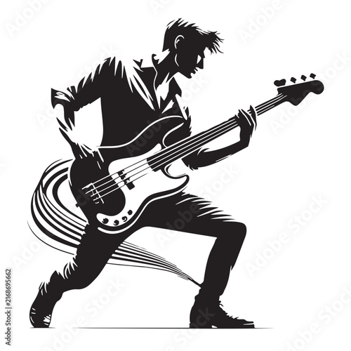 Black Bass guitar player  Silhouette Vector, High Quality Illustration on White Background