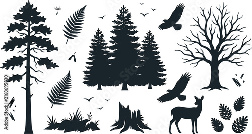 Forest Wildlife and Nature Silhouette Vector Set with Pine Trees, Deer, Flying Eagles, Ferns, and Cones for Wilderness Logos and Camping Graphics
