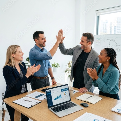 Happy business team giving a high five during a meeting in the office