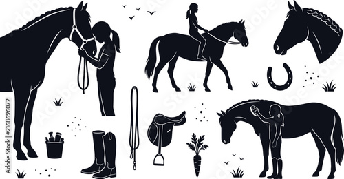 Equestrian Horse Riding Silhouette Icon Set with Riders, Saddles, Horse Care Elements, and Boots for Sports Logos, Web Icons, and Graphic Designs