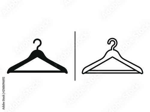 Clothes hanger garment wardrobe hook outline and black fill icon set with wardrobe