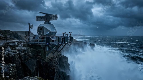 Waves hit a coastal monitoring station during a storm in the evening. Dark clouds fill the sky as water splashes against the rocky shore