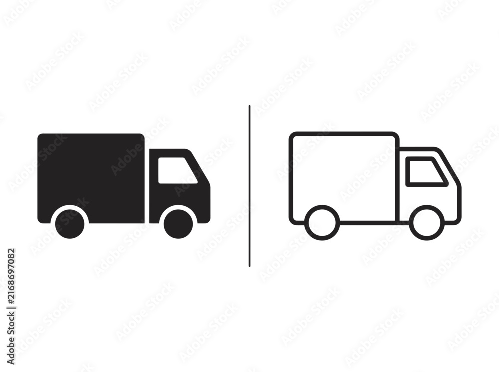 Fototapeta premium Delivery truck outline and black fill icon set with delivery shipping transport logistic