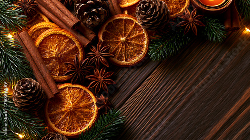 Vue de dessus d'une composition de Noël sur table en bois sombre : oranges séchées, branches de pin, cannelle, anis étoilé et pommes de pin
