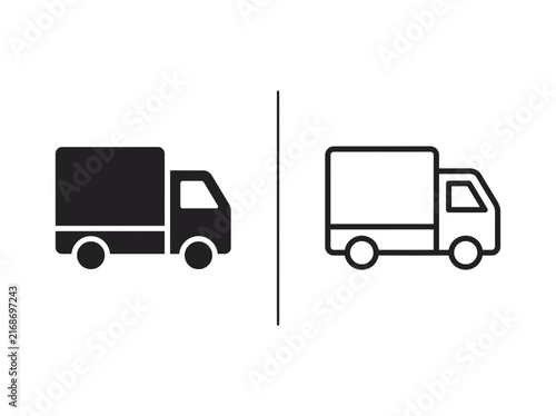 Delivery truck vehicle outline and black fill icon set with delivery transport shipping logistic