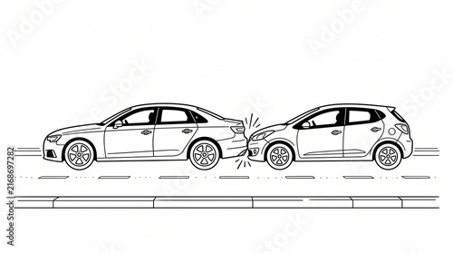 Car accident concept featuring two vehicles in rear end collision black and white line art illustration