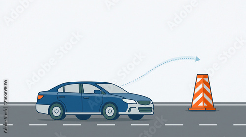 Traffic safety concept featuring car swerving to avoid orange road cone obstacle with dashed arrow path