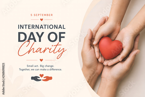 Hands holding a red heart shape for international day of charity campaign with soft lighting and clean minimalist graphic design