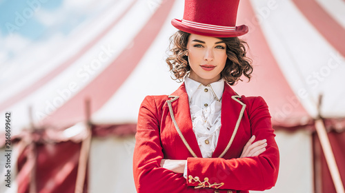 Elegant female circus ringmaster in red costume standing in front of classic circus tent. Entertainment industry concept with theatrical vintage performance aesthetic for posters.