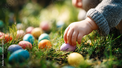 Child hand collecting Easter eggs in grass on meadow. Family holiday activity, Easter hunt concept for parenting blogs, seasonal marketing, outdoor lifestyle and advertising.