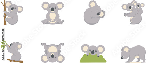 Canvas Print Cute koala character poses vector illustration set isolated on white background