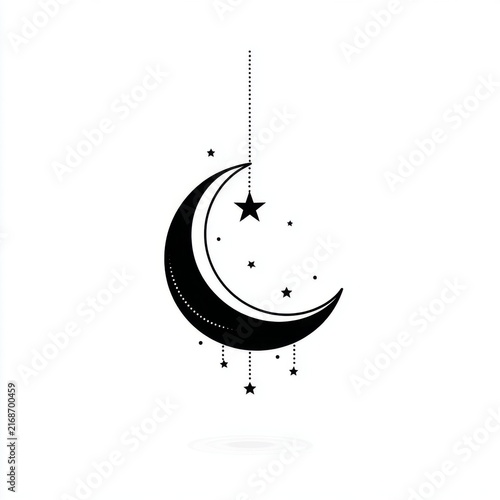 A decorative crescent moon with hanging stars and dotted lines in black