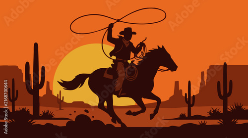 Картината върху платно Silhouette of cowboy riding horse with lasso in western desert sunset