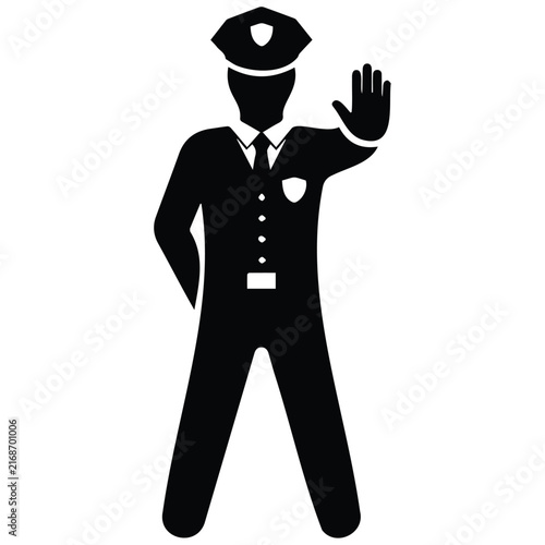 Police officer silhouette vector illustration showing stop hand gesture.