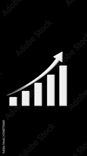 Chart animation lines track an upward arrow past a white three-dimensional bar graph Corporate investment success statistics stand out brightly over this dark grid