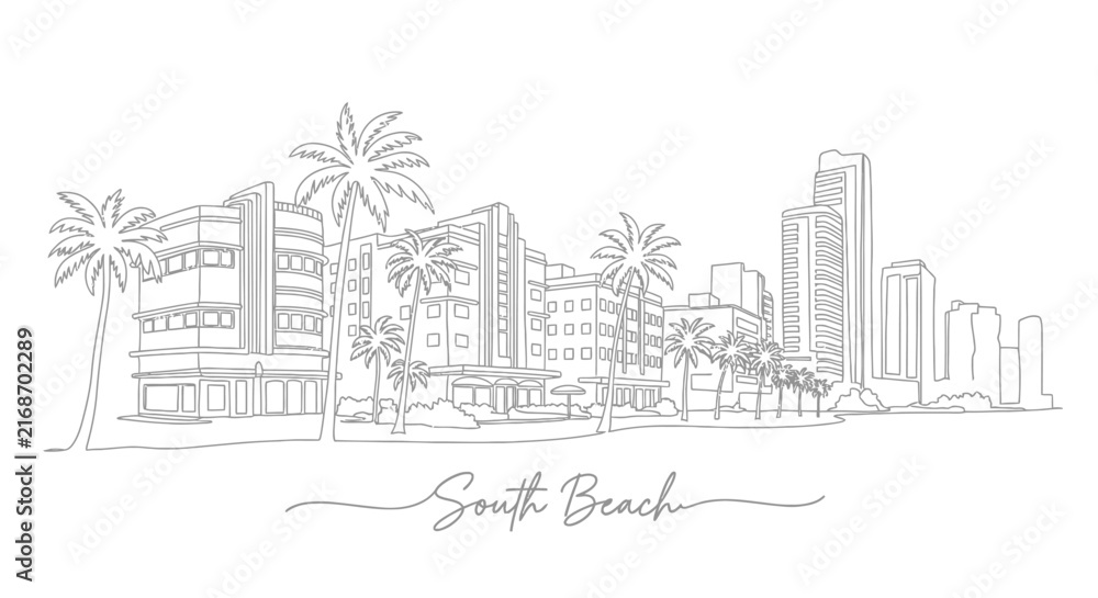 Obraz premium South Beach Skyline Line Art Sketch - Miami Tropical Cityscape Illustration