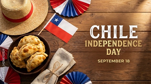 Chile independence day celebration with traditional empanadas, chilean flag, straw hat, and festive paper fans on a rustic wooden background