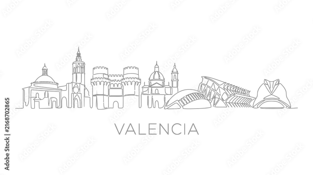 Obraz premium Valencia Skyline - Continuous Line Drawing of Spanish City Landmarks