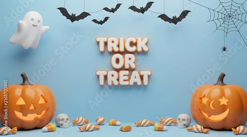 Trick or treat halloween background with pumpkins and spooky bats